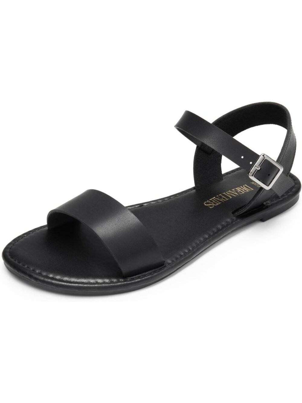 Women's Black Flat Sandals Open Toe Ankle Strap Faux Leather Non Slip Shoes
